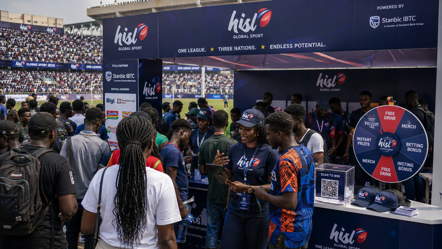 HiSL Global Sport matchday brand activation booth packed Nigerian university stadium, students engaging with sponsor brand on campus