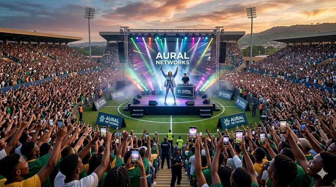 HiSL halftime entertainment, founding partner backdrop, packed university stadium, students recording, organic content creation West Africa
