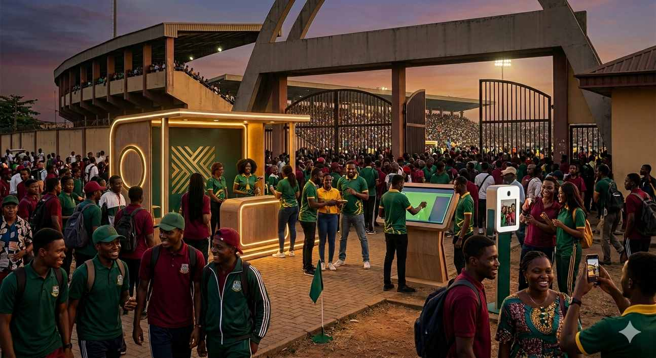 HiSL pre-match brand activation, campus activation partner field team, students arriving, university stadium West Africa