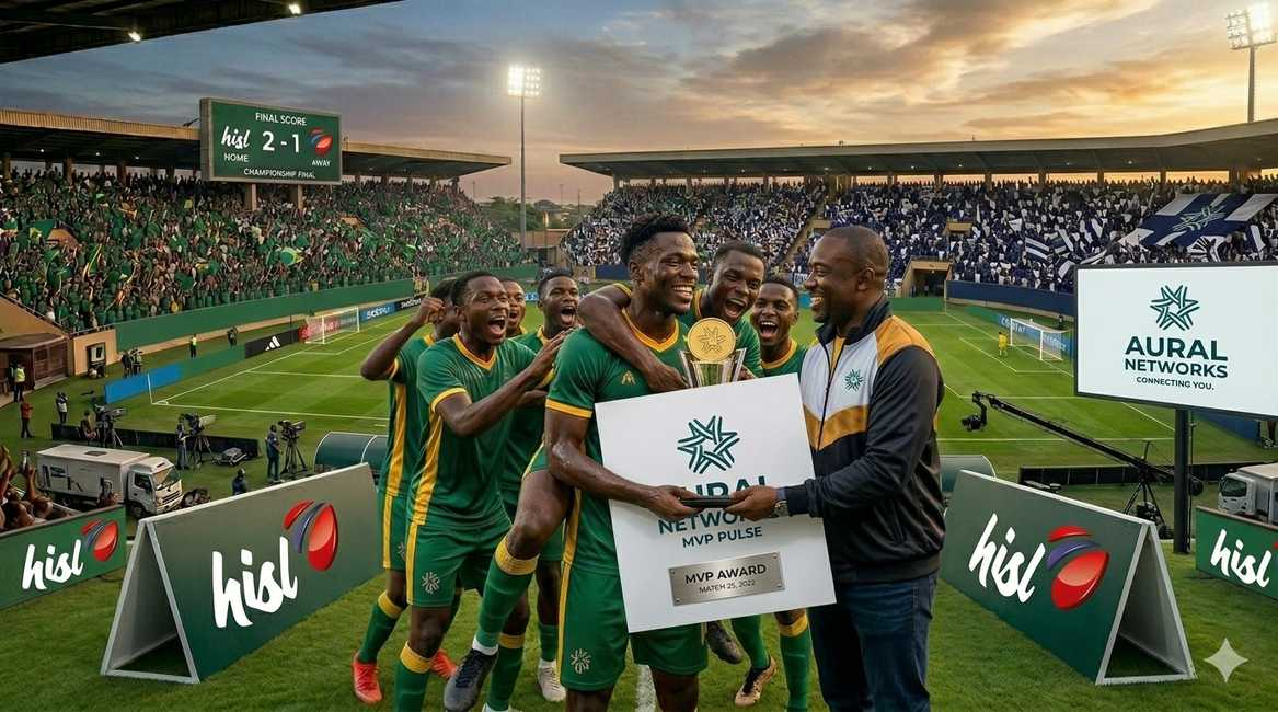 "HiSL post-match award presentation, sponsor brand, winning student athlete, university stadium West Africa