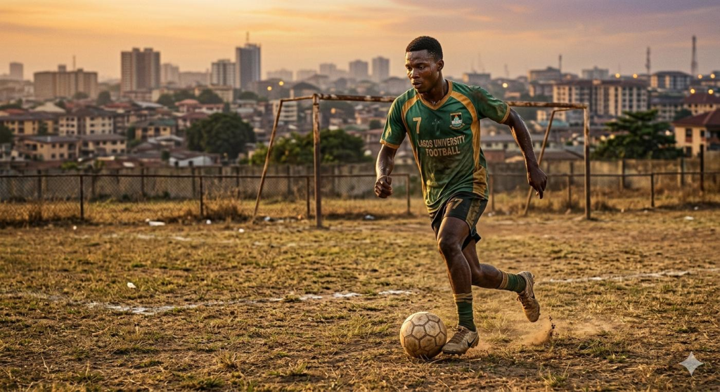 West African university footballer training alone on unmarked pitch at sunset, Accra Lagos Abidjan, overlooked talent no scouts