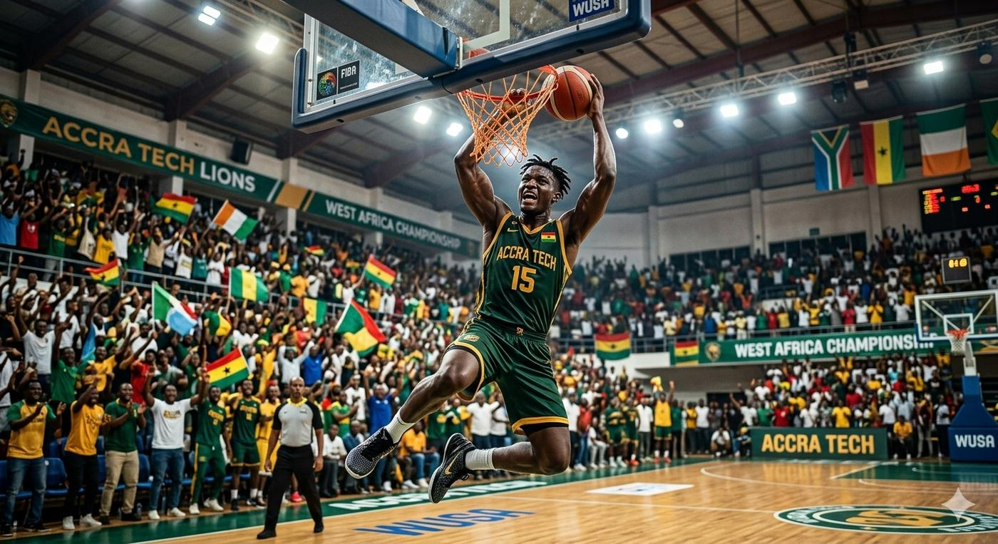 West African university basketball player mid-air in packed campus arena, Nigeria Ghana Ivory Coast collegiate basketball HiSL