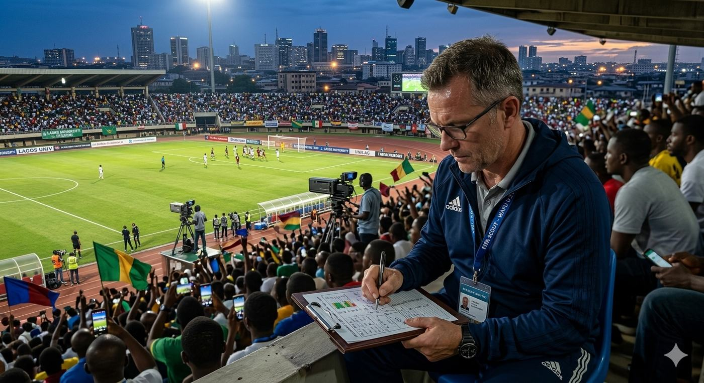 Professional football scout watching West African university match, clipboard, data, cameras pitchside Lagos Accra Abidjan stadium