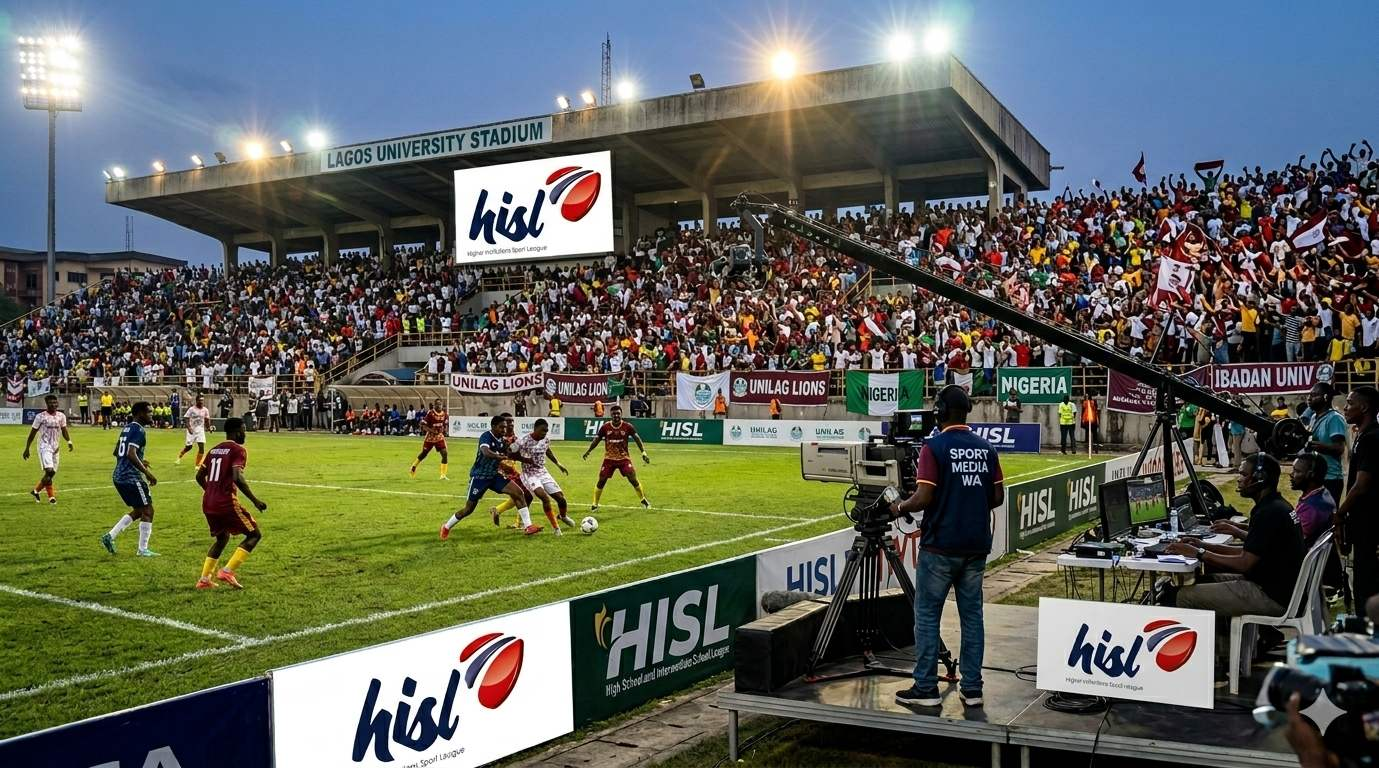 HiSL matchday production setup, cameras pitchside West African university football match, broadcast crew, full stands