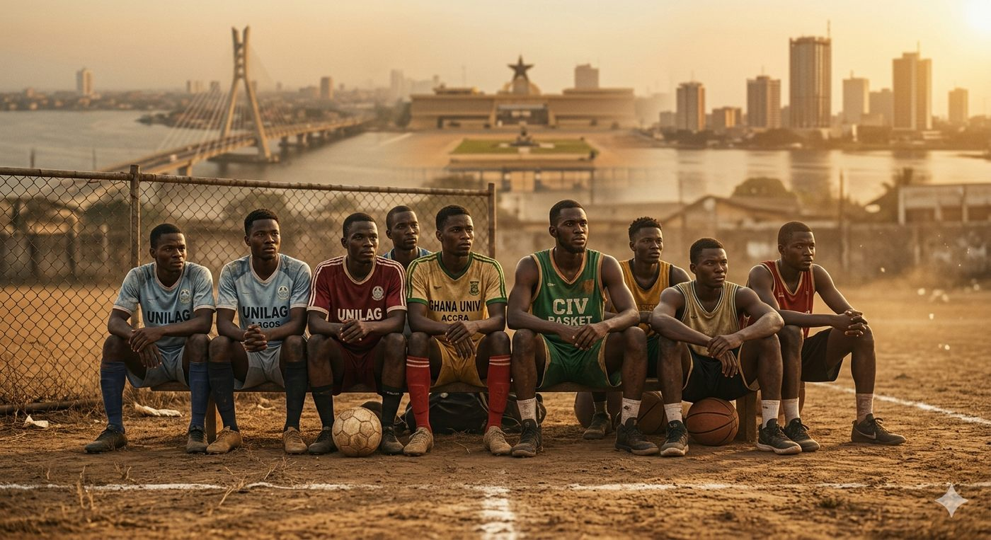 Group of West African university athletes, Nigeria, Ghana, Ivory Coast, waiting on the sideline, no media, no scouts, overlooked talent