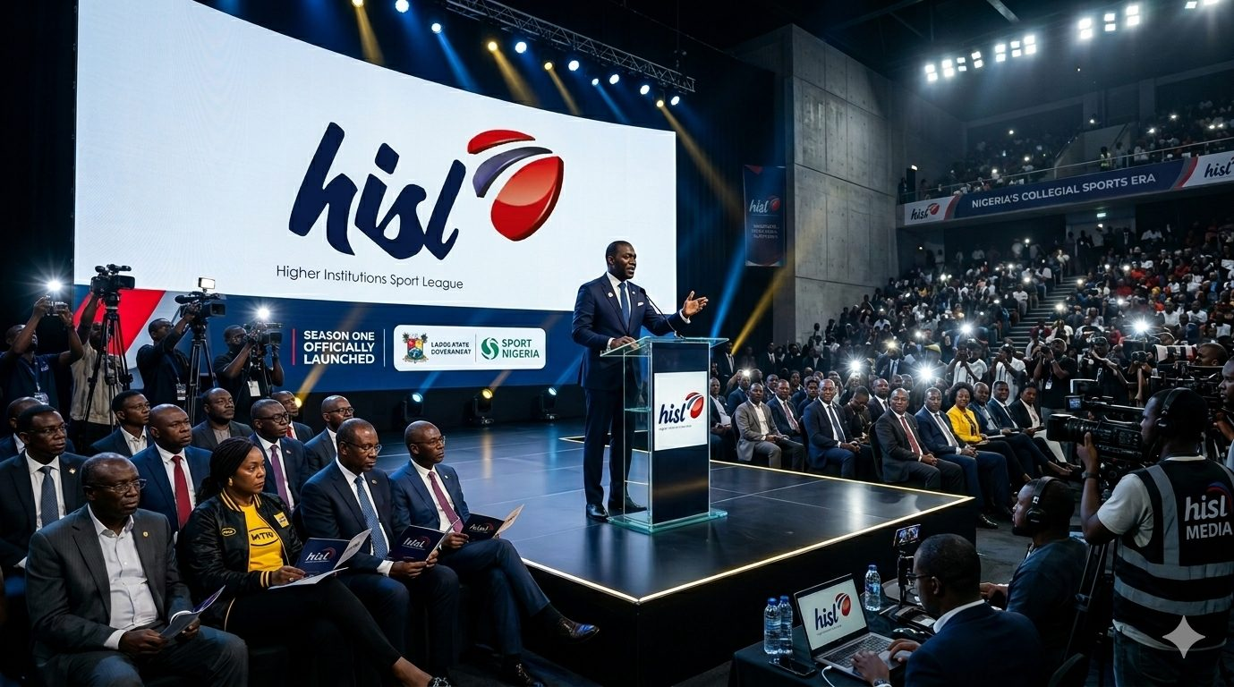 HiSL West Africa season-opening announcement event — founding partner on stage, university partnerships, collegiate sport platform launch Nigeria Ghana Ivory Coast