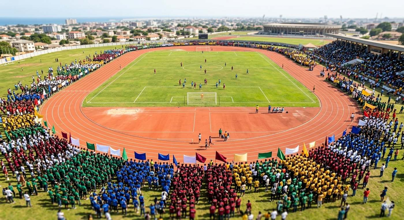 Ghana university campus sports day — students athletes collegiate competition Accra West Africa 2026