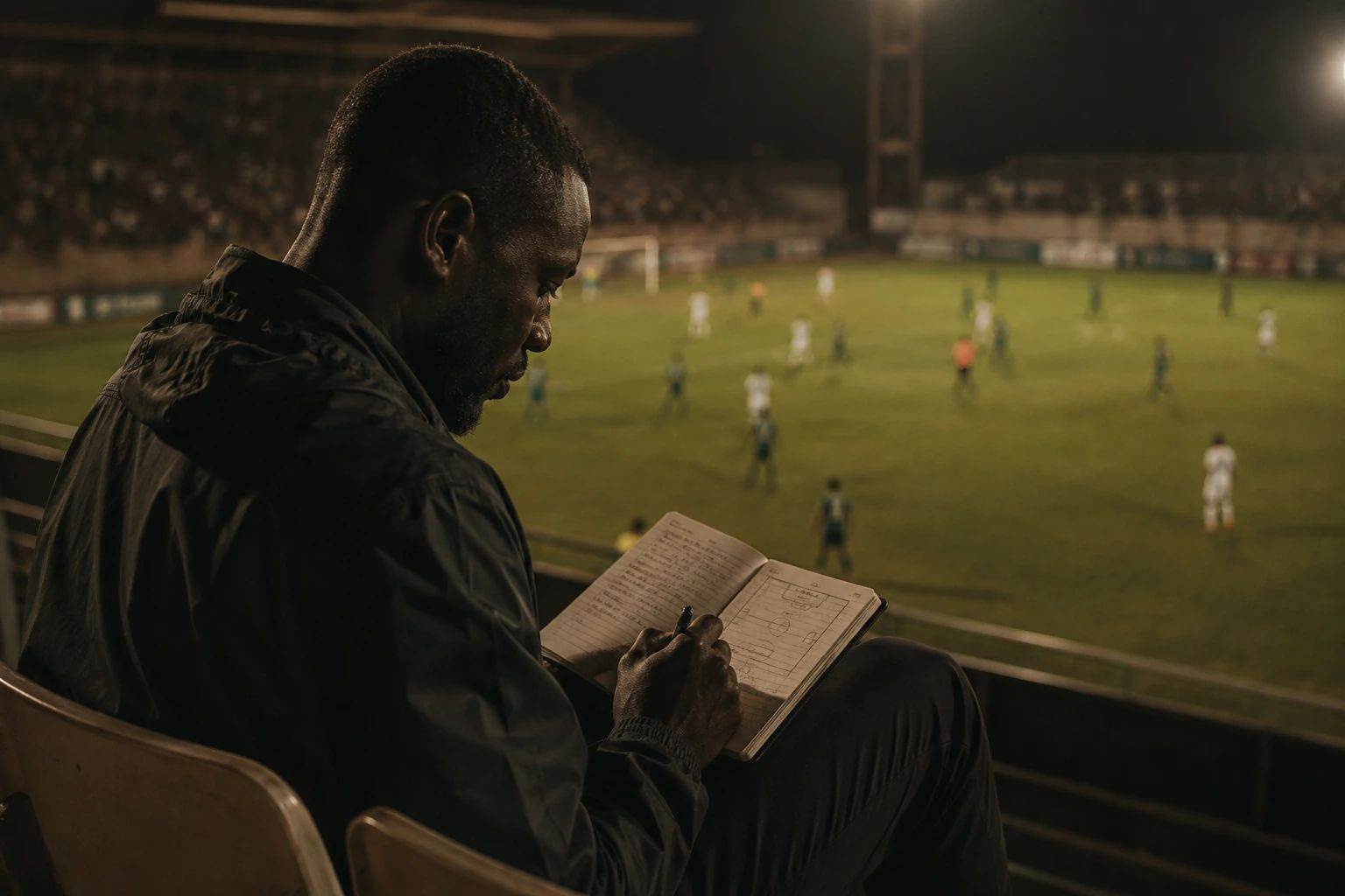 Football scout watching match at West African university stadium, cinematic