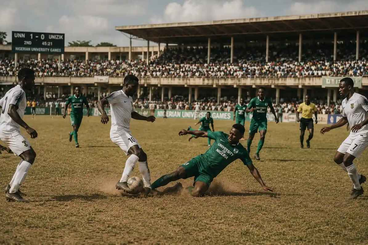 West African university football match in action, students in the stands, cinematic