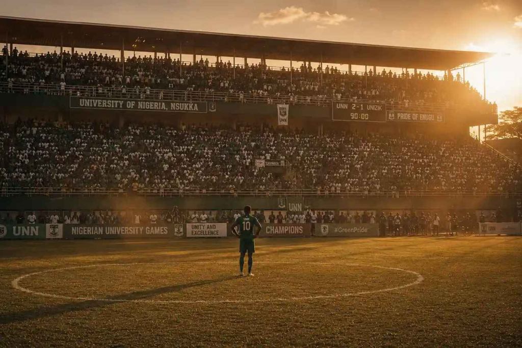 University football stadium West Africa packed with students at golden hour