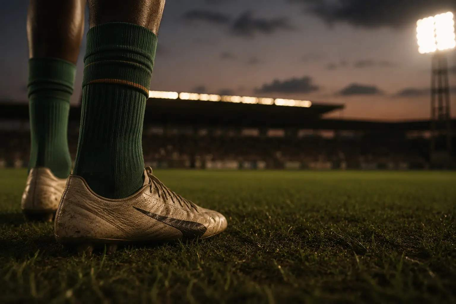 West African footballer on pitch at dusk with stadium floodlights, cinematic close-up