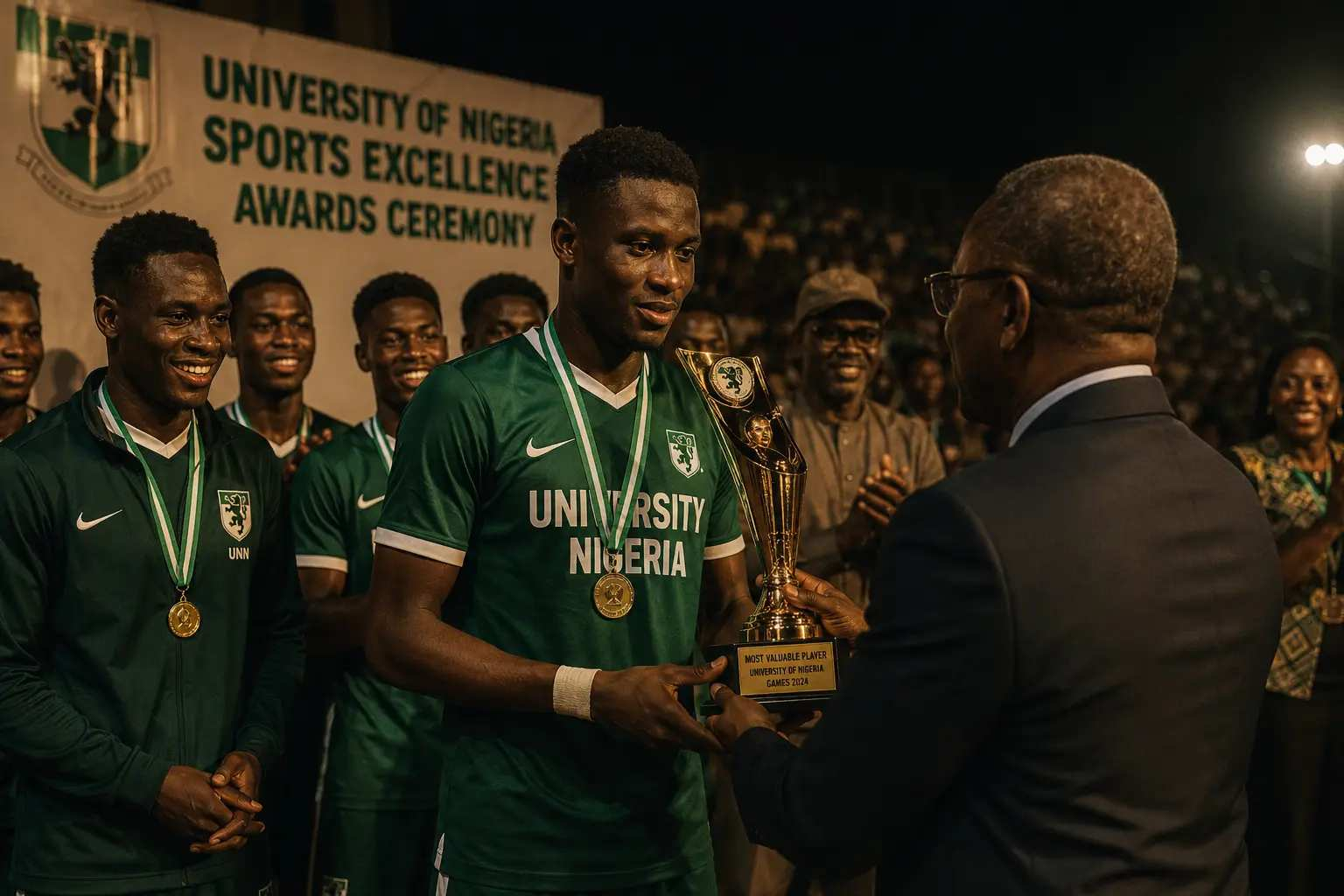 University sports awards ceremony West Africa at night, athletes receiving trophies