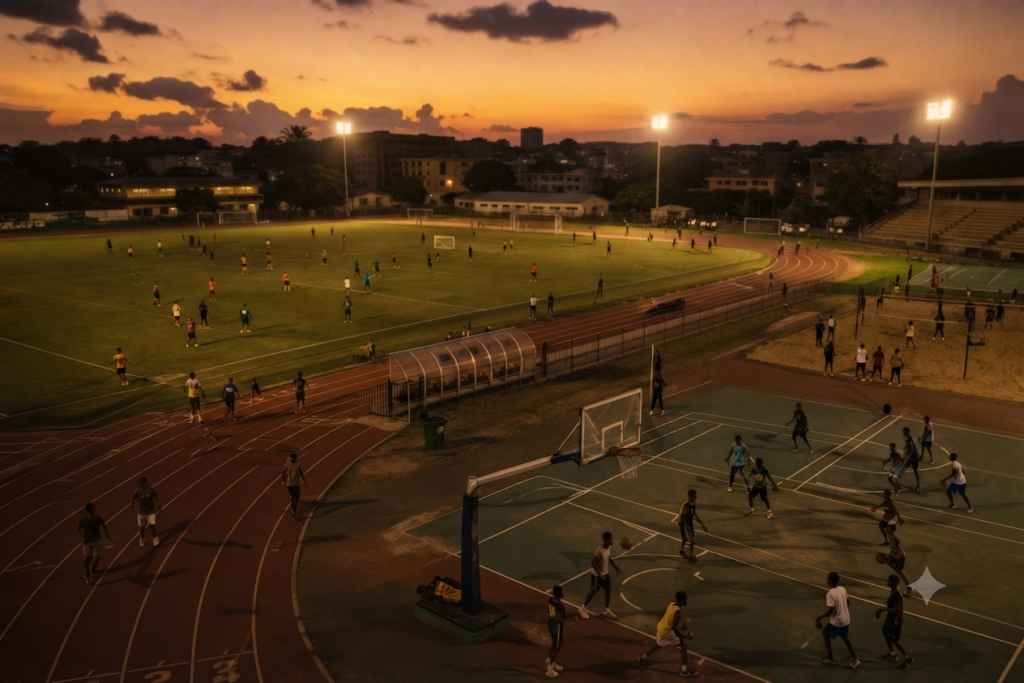 West African university sports complex at dusk showing a football pitch, basketball court, and running track in use simultaneously