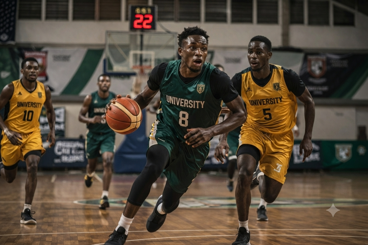 University basketball court in West Africa during a fast-break drill under bright gymnasium lighting 