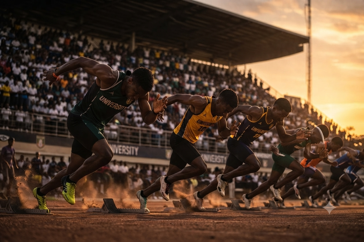 University running track at golden hour with sprinters exploding out of starting blocks in front of a filled stadium