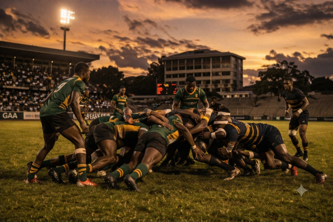 Rugby match at a university stadium in Ghana at dusk with players in a scrum under floodlights