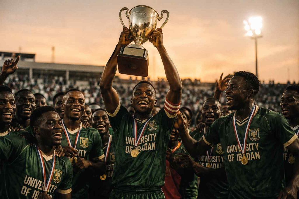 Nigerian university football team celebrating a trophy lift on the pitch at dusk