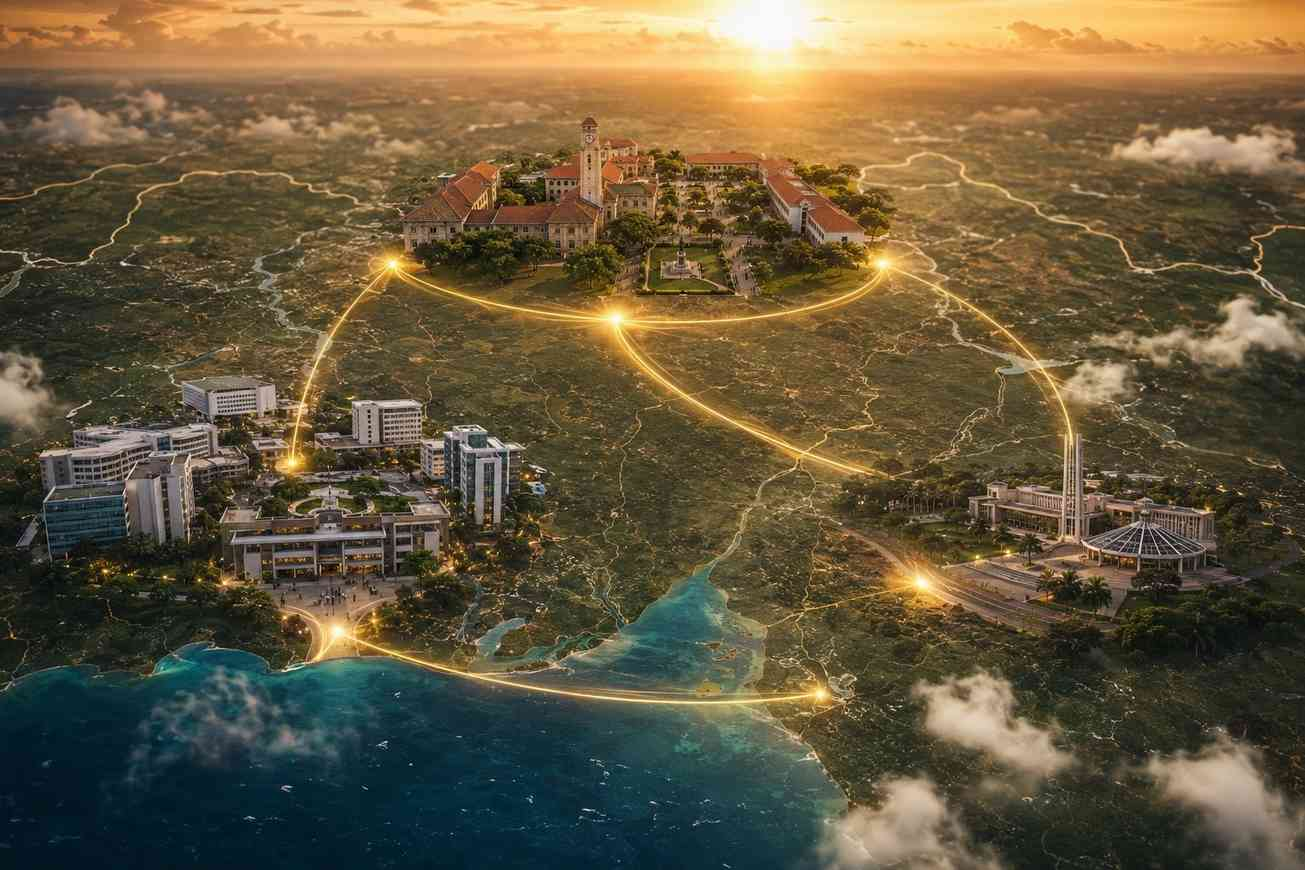 Three West African university campuses connected by light trails suggesting a unified network