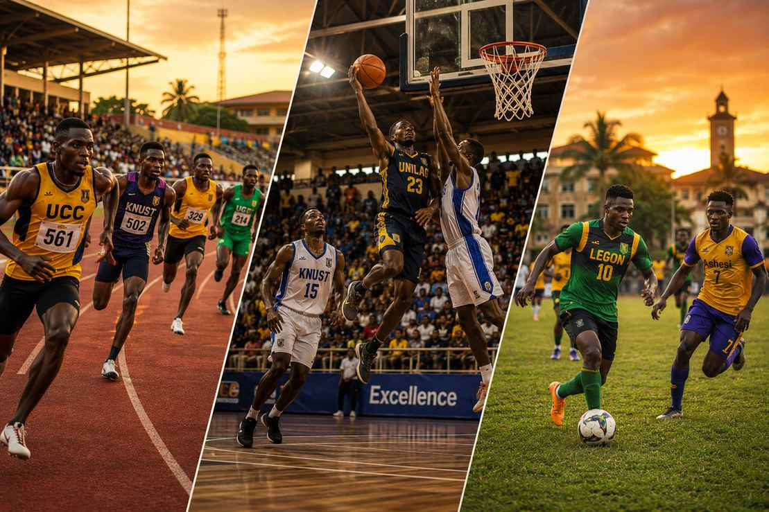 University athletics, basketball, and football all in dynamic simultaneous action across a West African campus