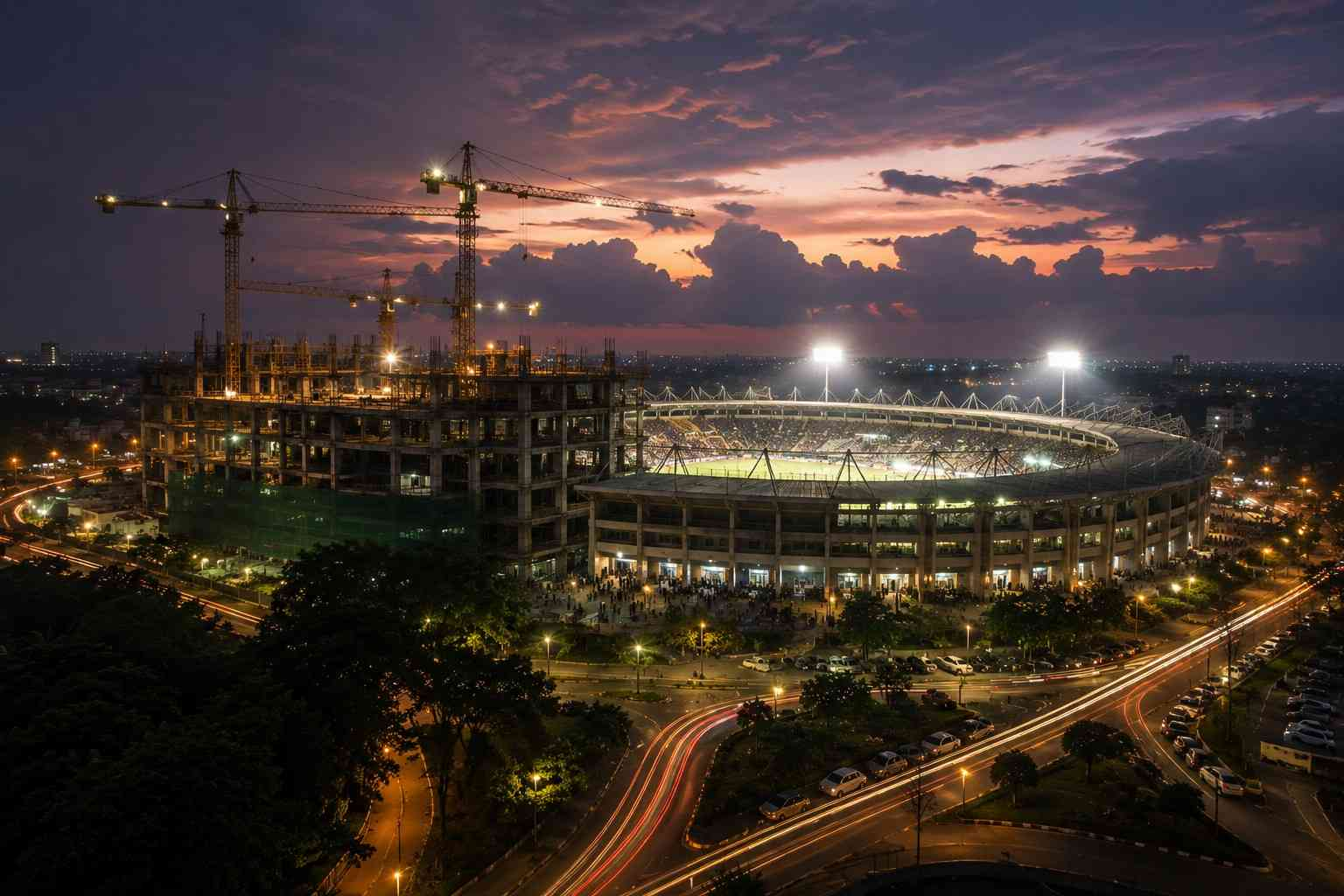 University sports stadium under construction at dawn, symbolizing long-term infrastructure development