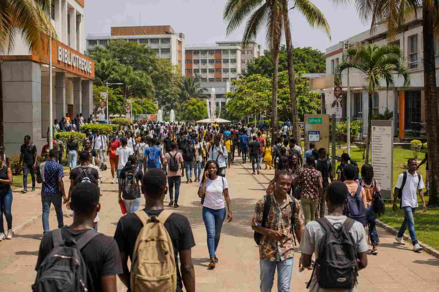 Students walking across a large university campus in Abidjan at midday lined with palm trees and academic buildings