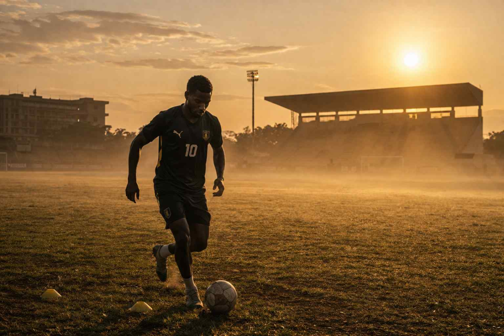 Young Ghanaian footballer training alone on a university pitch at dawn with mist rising off the grass