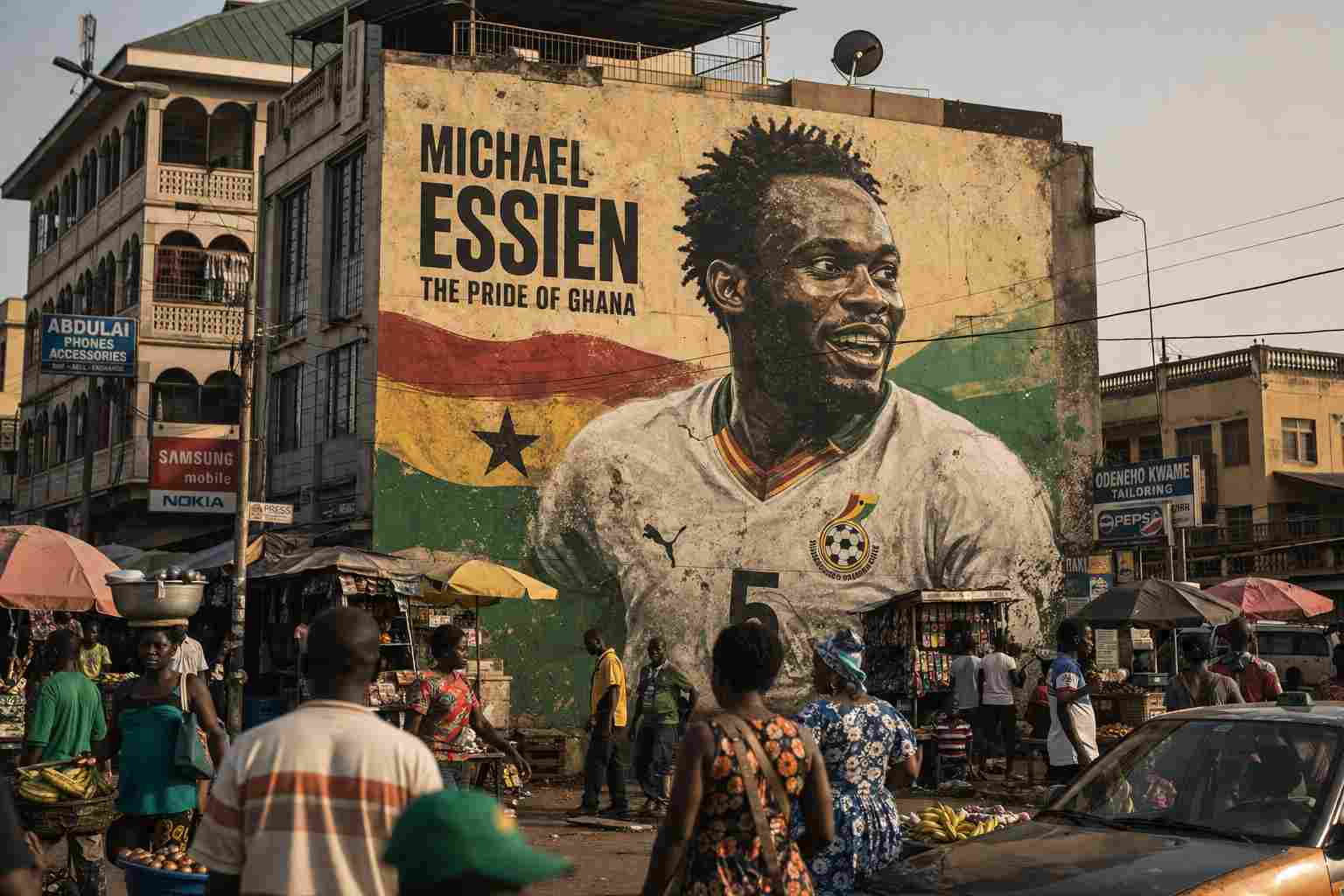 Mural celebrating Ghanaian football legends on a busy Accra street with everyday life continuing around it