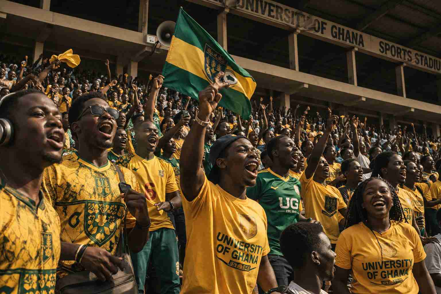 University students filling a stadium stand in Ghana cheering during a football match in school colours