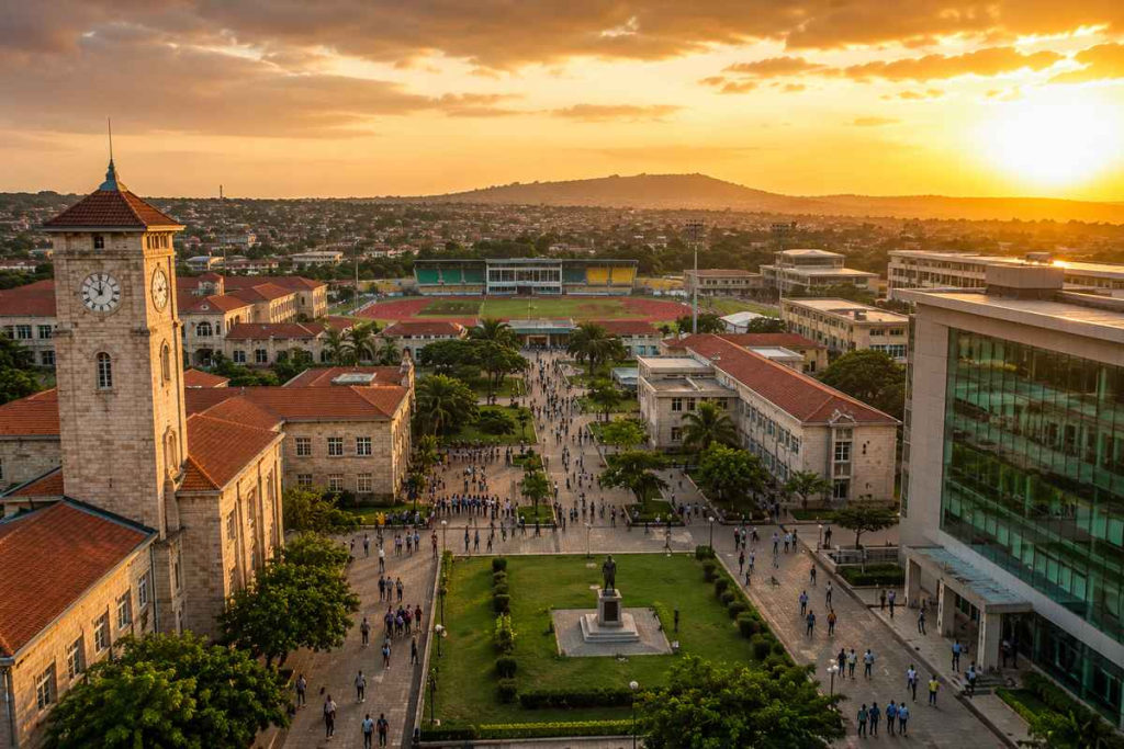 West African university campus at golden hour with sports complex visible in the distance