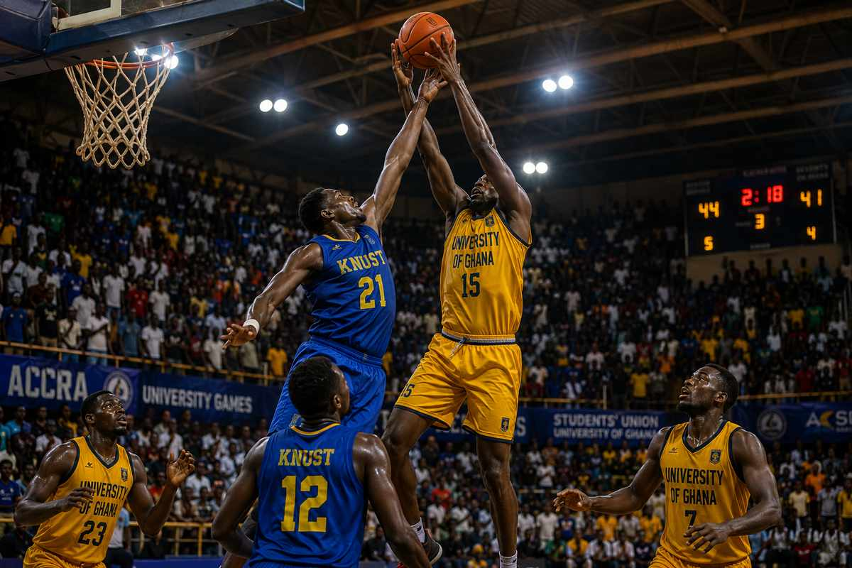 University basketball match in a packed indoor arena in West Africa with players contesting a rebound