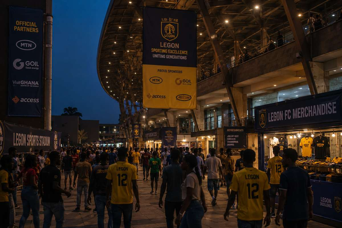 Modern stadium concourse in West Africa with matchday signage, merchandise stalls, and fans
