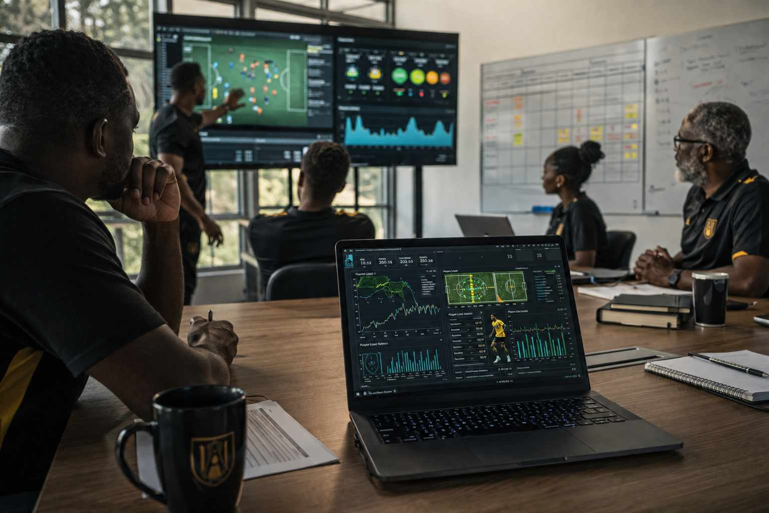 Coaches and administrators review athlete performance data inside a university sports management office, representing the operational backbone of a structured collegiate sports ecosystem.
