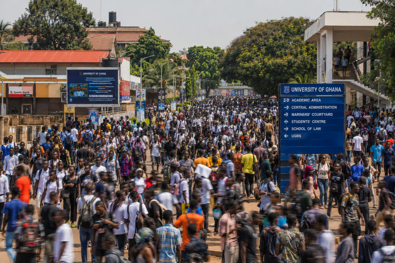 Crowded West African university campus at midday with thousands of students walking between buildings