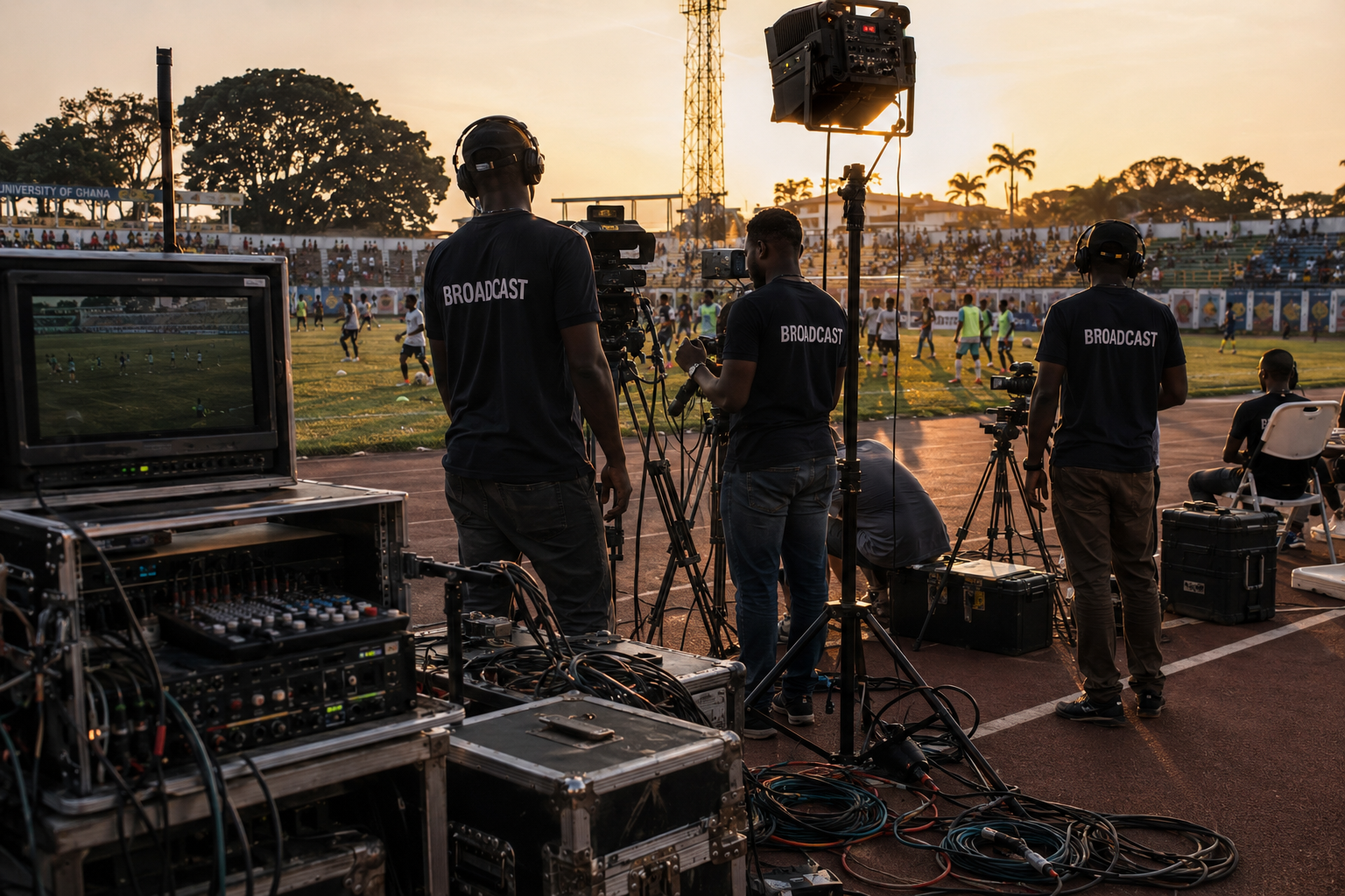 Broadcast crew setting up cameras at a university football pitch in Ghana at golden hour with students warming up in the background