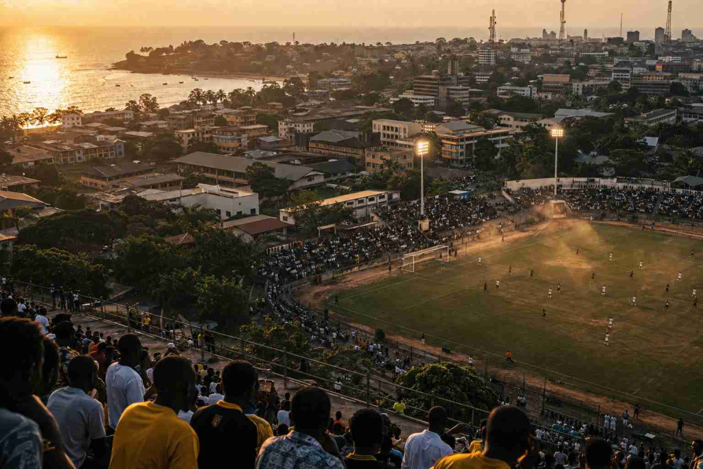 Aerial view at golden hour of a West African coastal city with a floodlit university football pitch full of students