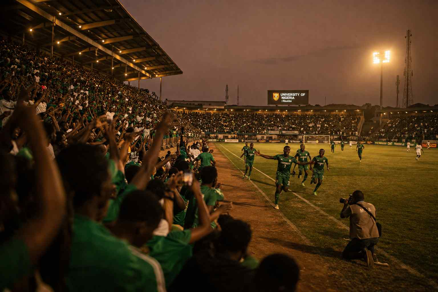 Packed Nigerian university football stadium at dusk with students celebrating a goal under floodlights
