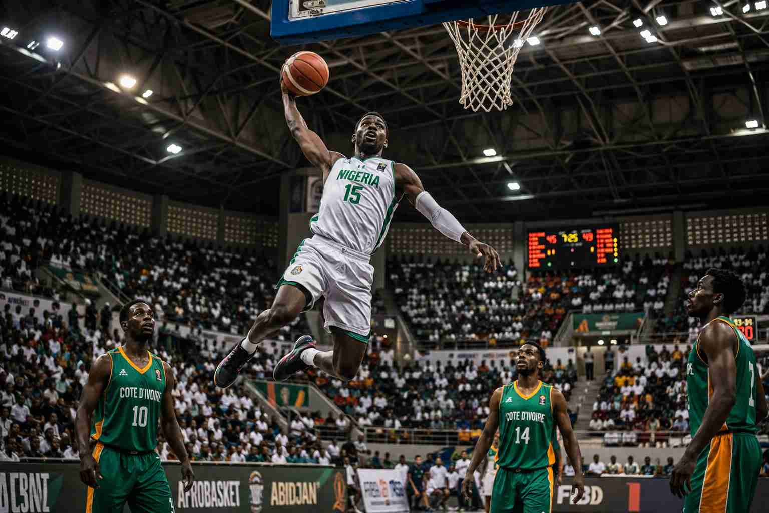 Packed West African indoor basketball arena with players airborne during a dunk and crowd on their feet

