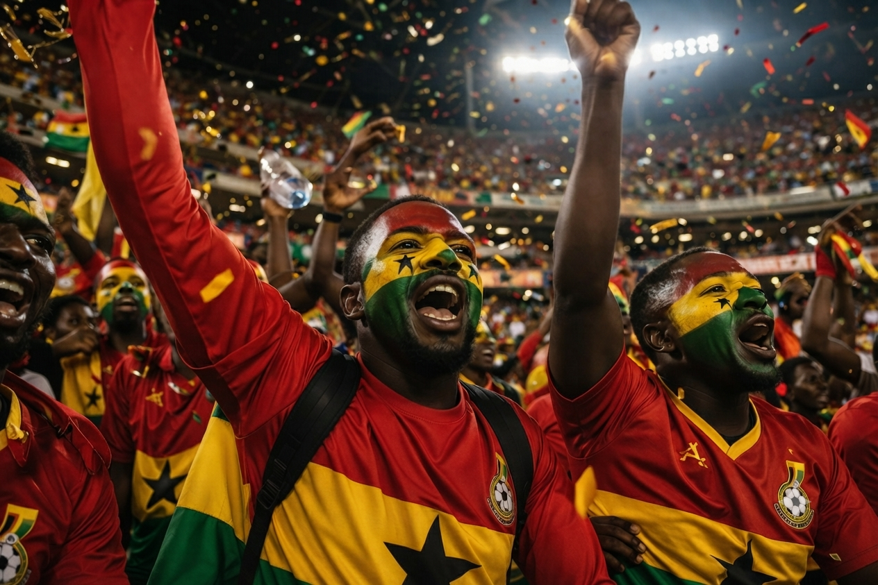 Ghanaian football fans in national colours celebrating in a floodlit stadium at night with confetti in the air
