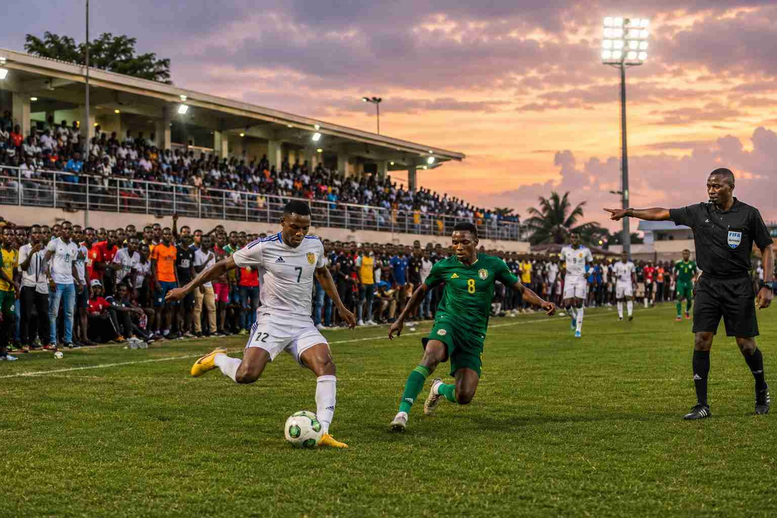 University football match with organised teams competing in front of packed sidelines in West Africa