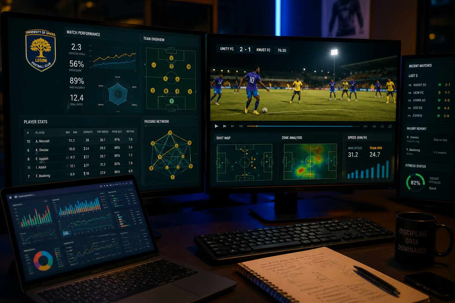 Sports analyst reviewing football performance data and match footage on multiple screens at night