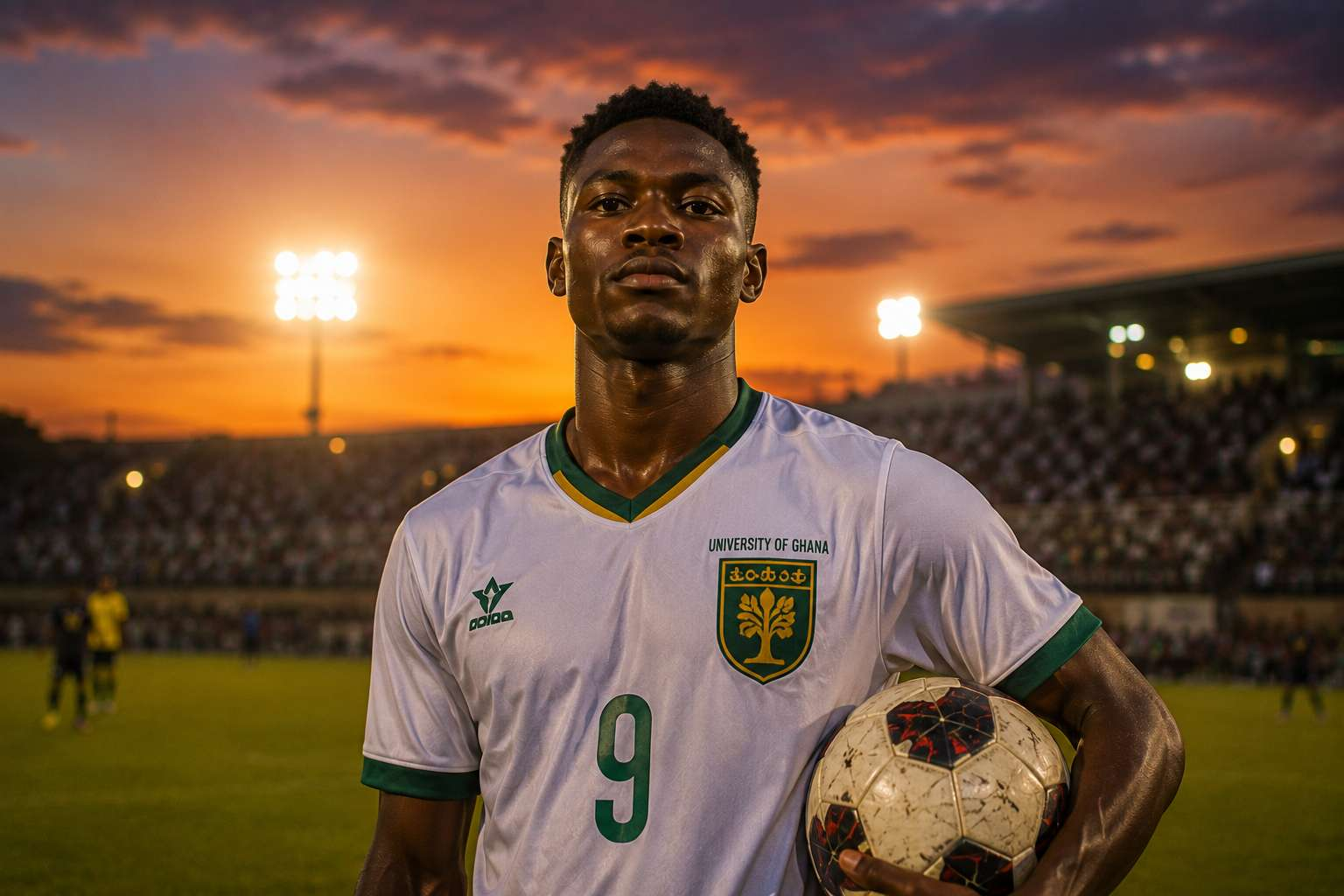 Young university footballer in team kit standing proudly on the pitch at dusk with stadium lights behind him