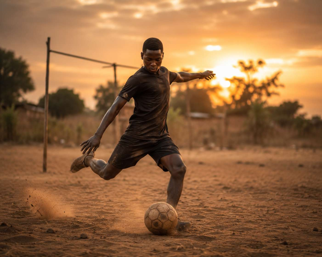 Teenage footballer practicing alone on an unmarked dirt pitch in West Africa at golden hour