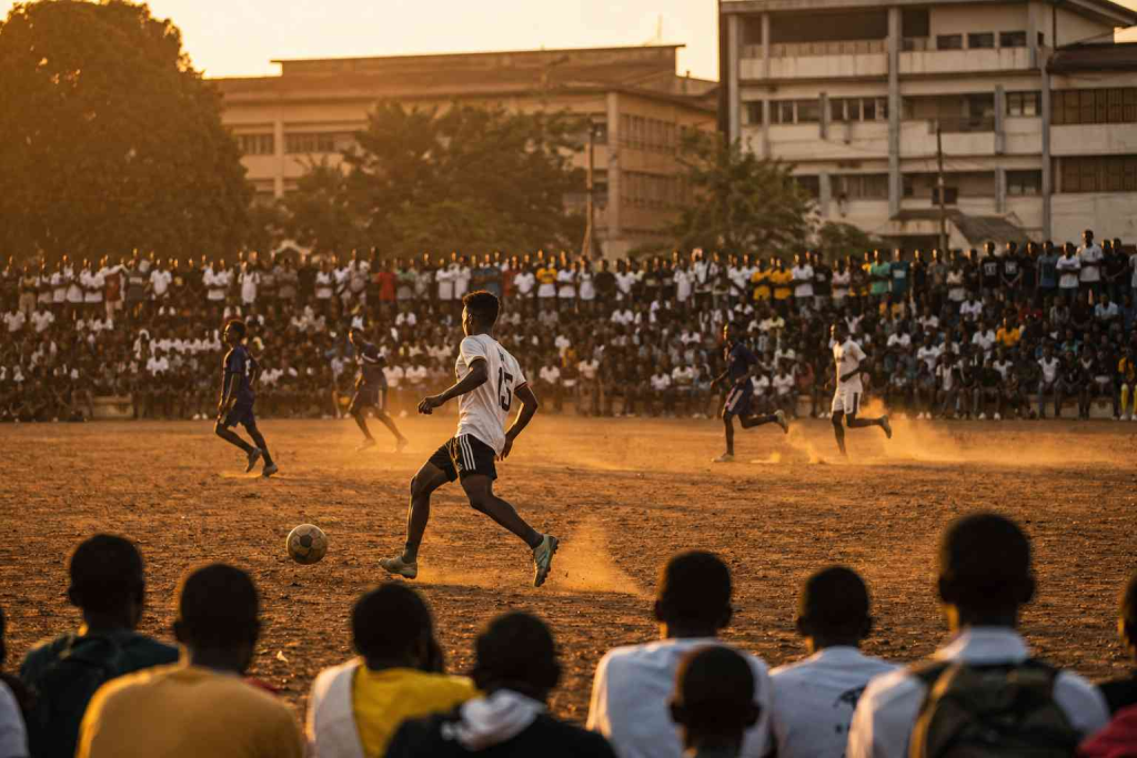 Students gather around a university football pitch in West Africa during a late-afternoon match, capturing the scale of untapped athletic talent on campus.