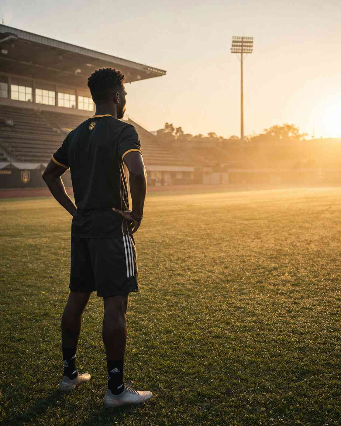 A young university athlete stands alone on an empty pitch at sunrise, reflecting the long-term patience required to build a lasting collegiate sports ecosystem.
